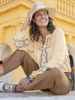Blouse brodée avec lin Femme Chemisier, Blouse