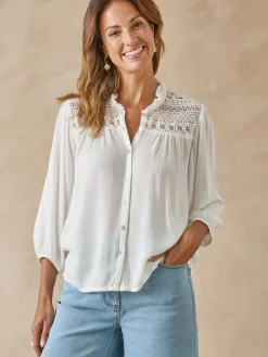 Blouse en crêpe avec macramé Femme Chemisier, Blouse
