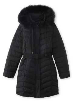 Clearance Doudoune longue ceinturée à capuche Femme Manteau, Parka
