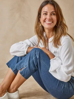 Sale Pantacourt élastiqué en chambray Femme Pantacourt|Pantalon