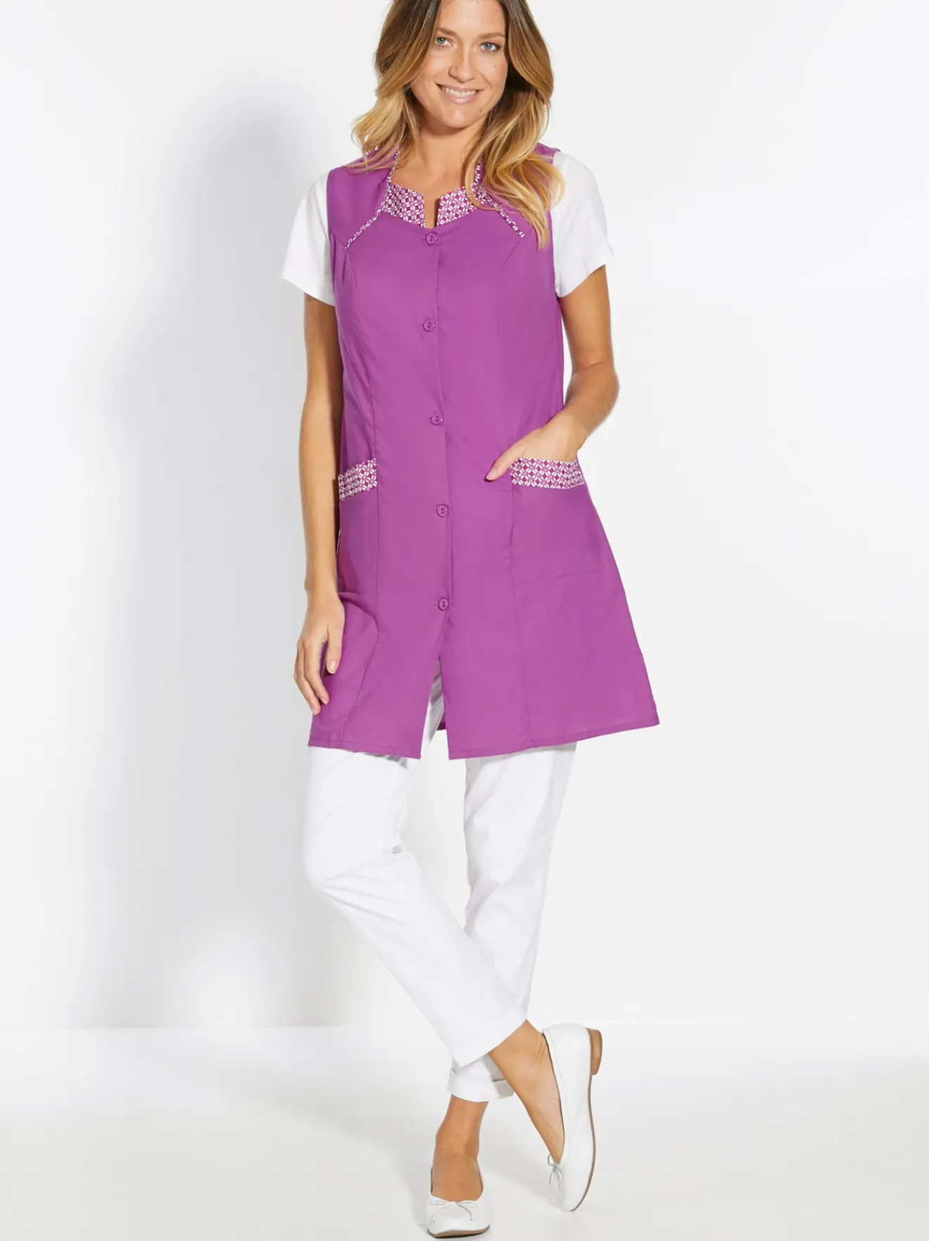 Online Tablier 3/4 sans manches tout boutonné Femme Tablier