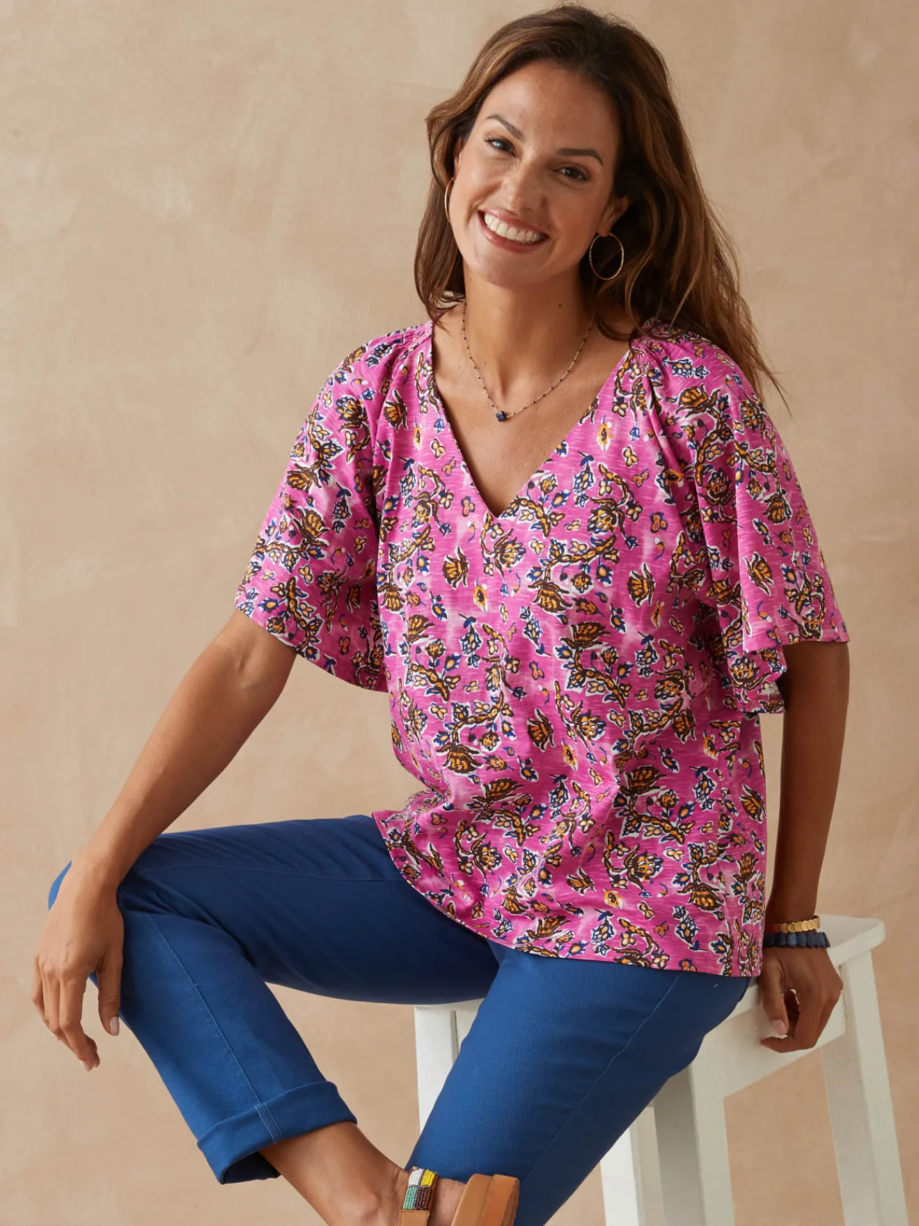 Online Tee-shirt encolure V avec smocks Femme T-Shirt